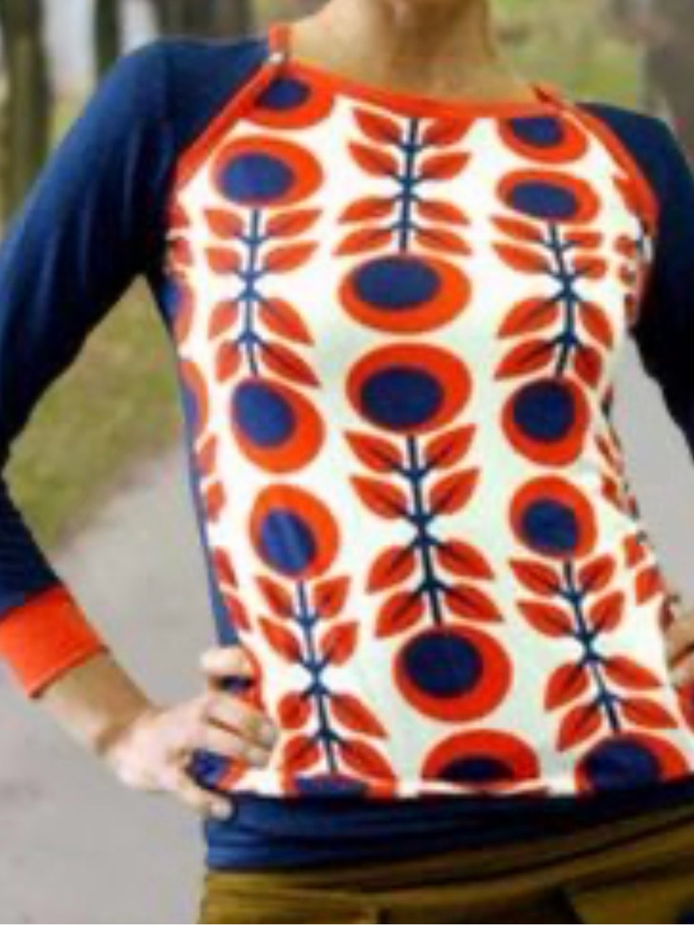 Zolucky Navy and Orange Geometric Floral Raglan Long-Sleeve Top